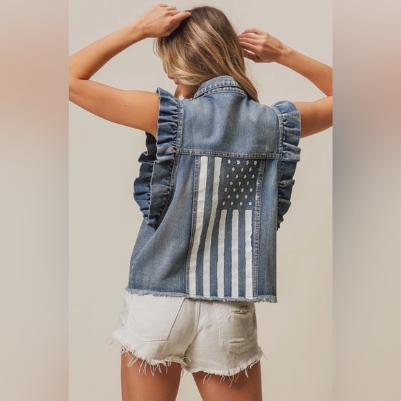 B15. NEW Bibi Denim Vest American Flag W/Ruffle Sleeves Stars & Stripes Graphic - Picture 7 of 8